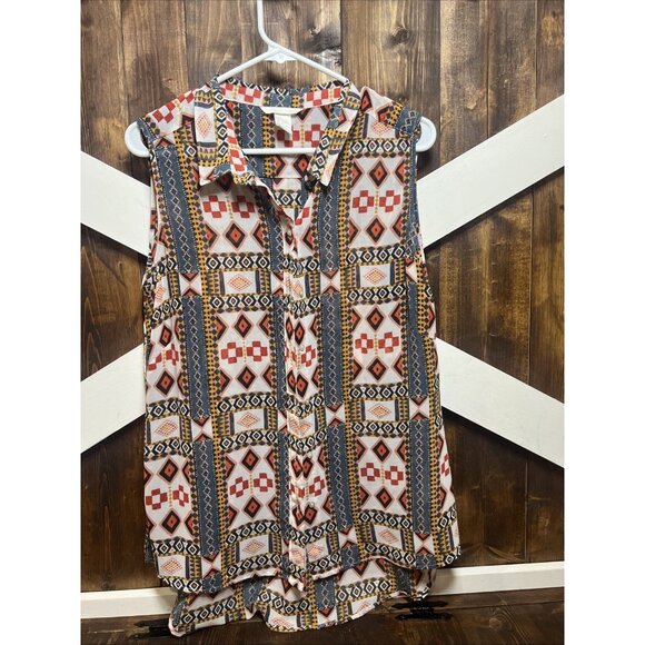 H&M Tribal Geometric Sleeveless Blouse Button Down Size 14 Lightweight Top Women - Picture 1 of 6